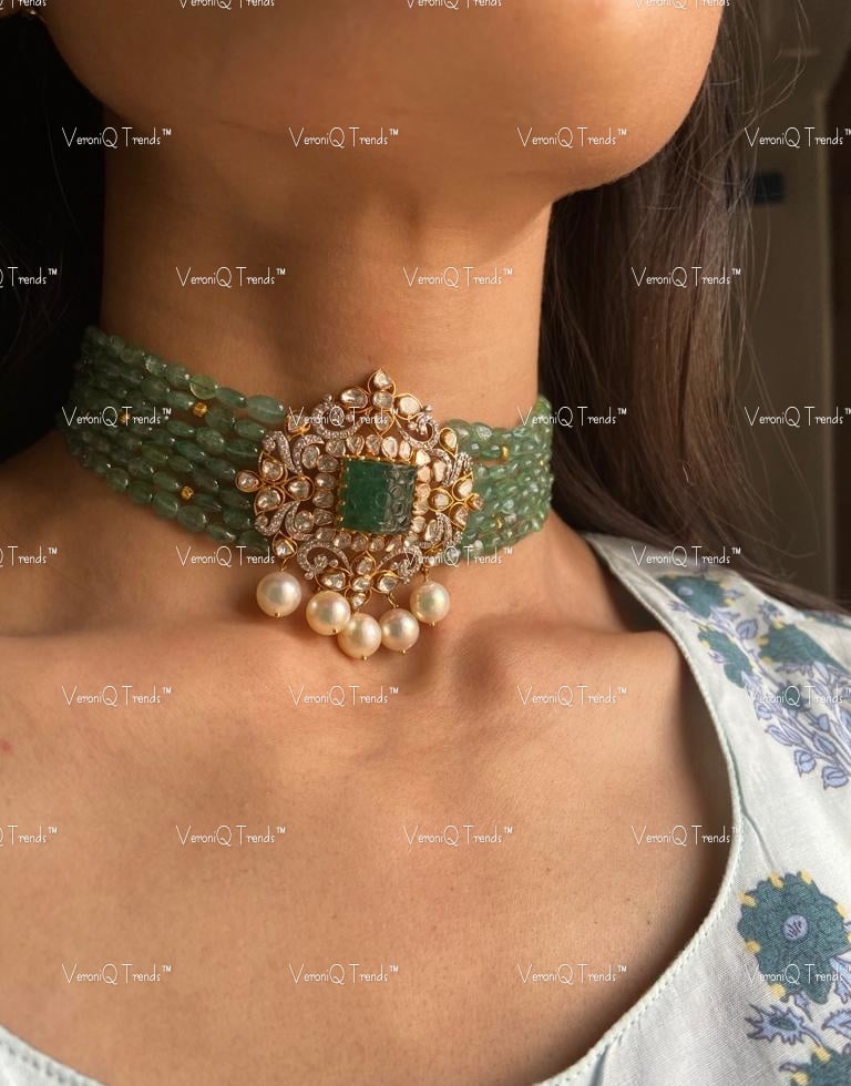 VeroniQ Trends-Bollywood Style Choker Necklace With Earrings in 92.5 Silver Moissanite Polki And Faux Emerald Beads-Wedding Jewellery-Cocktail Party-South Indian-Thappa-PG