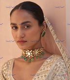 VeroniQ Trends-Traditional Gold Plated Pachi Kundan Choker Necklace With Green Pumpkin Beads Pachi Kundan-Gold Plated-Wedding Jewelry-Punjabi Jewelry-South Indian-Thappa Jewelry