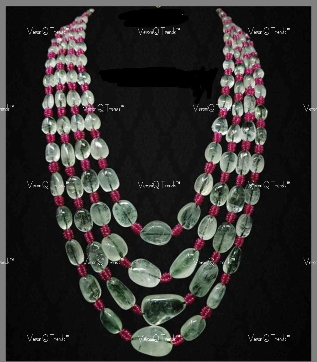 VeroniQ Trends-Elegant Multistrand Maharani Fluorite Beads Long Necklace Kundan-Gold Plated-Wedding Jewellery-Punjabi Jewellery-South Indian-Thappa Jewellery