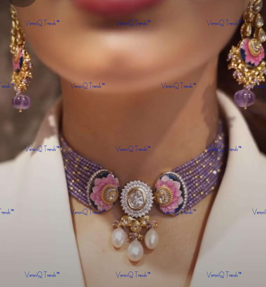 VeroniQ Trends-Victorian Multistrand Amethyst Beads Meenakari And Polki Silver Choker Necklace With Pearl Drops 92.5 Silver Moissanite Diamond Polki-Gold Plated-Wedding Jewellery-Punjabi Jewellery-South Indian-Thappa Jewellery