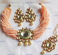 VeroniQ Trends-Beautiful Gold Plated Multistrand Peach Pearl Kundan Meenakari Choker Necklace Kundan-Gold Plated-Wedding Jewellery-Punjabi Jewellery-South Indian-Thappa Jewellery