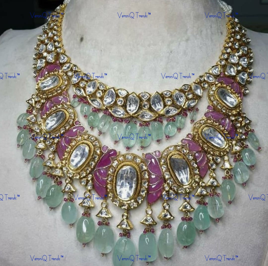 VeroniQ Trends-Designer Gold Plated Bridal Pachi Kundan Necklace With Quartz Beads Pachi Kundan-Gold Plated-Wedding Jewellery-Punjabi Jewellery-South Indian-Thappa Jewellery