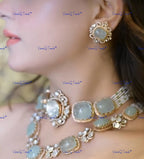 VeroniQ Trends-Beautiful Victorian Mint Green And Polki Silver Necklace 92.5 Silver Moissanite Diamond Polki-Gold Plated-Wedding Jewelry-Punjabi Jewelry-South Indian-Thappa Jewelry