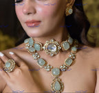 VeroniQ Trends-Beautiful Victorian Mint Green And Polki Silver Necklace 92.5 Silver Moissanite Diamond Polki-Gold Plated-Wedding Jewelry-Punjabi Jewelry-South Indian-Thappa Jewelry