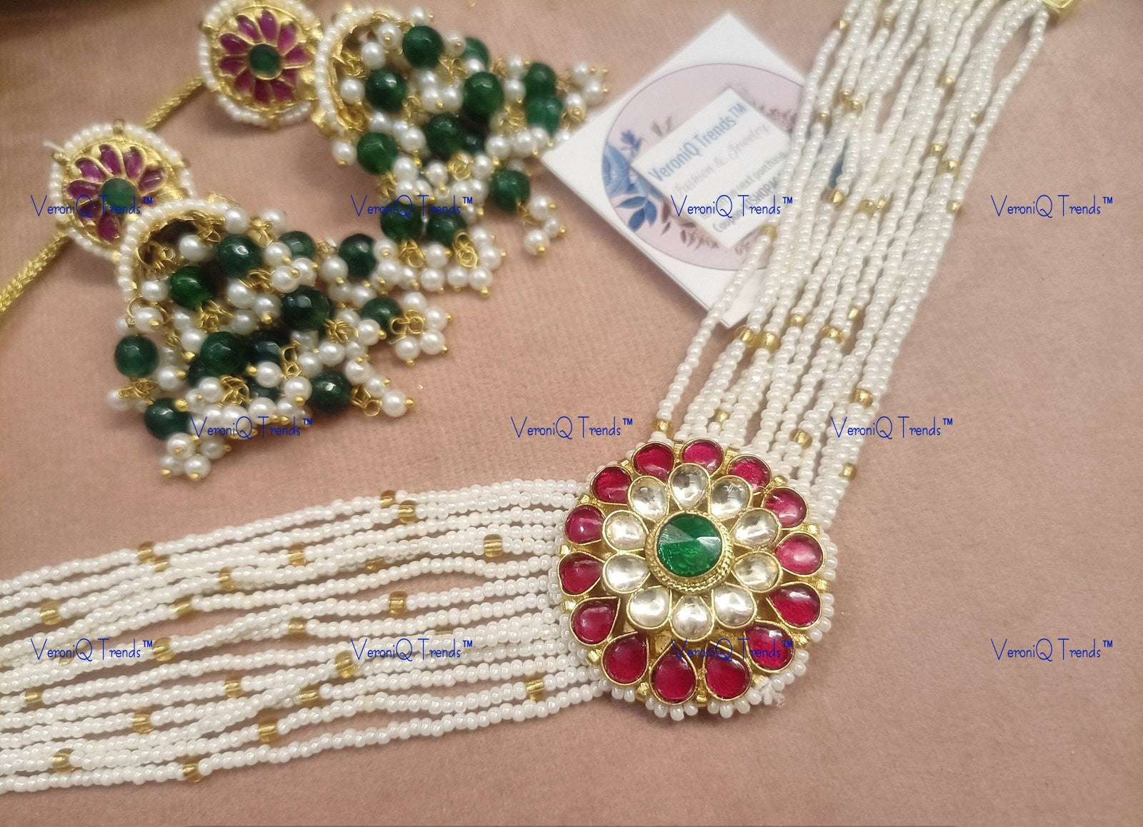 VeroniQ Trends-Beautiful Gold Plated Kemp Stone Pachi Kundan Pearl Choker Necklace Pachi Kundan-Gold Plated-Wedding Jewellery-Punjabi Jewellery-South Indian-Thappa Jewellery