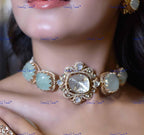 VeroniQ Trends-Beautiful Victorian Mint Green And Polki Silver Necklace 92.5 Silver Moissanite Diamond Polki-Gold Plated-Wedding Jewelry-Punjabi Jewelry-South Indian-Thappa Jewelry