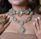 VeroniQ Trends-Beautiful Victorian Mint Green And Polki Silver Necklace 92.5 Silver Moissanite Diamond Polki-Gold Plated-Wedding Jewelry-Punjabi Jewelry-South Indian-Thappa Jewelry