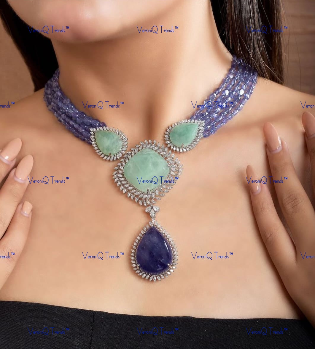 VeroniQ Trends-Beautiful Victorian Multistrand Amethyst Aquamarine And Polki Silver Necklace 92.5 Silver Moissanite Diamond Polki-Gold Plated-Wedding Jewellery-Punjabi Jewellery-South Indian-Thappa Jewellery
