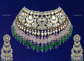 VeroniQ Trends-Elegant Bridal  Gold Plated Green Pumpkin Beads And Polki Pachi Kundan Choker Necklace With Pink Quartz Beads Pachi Kundan-Gold Plated-Wedding Jewellery-Punjabi Jewellery-South Indian-Thappa Jewellery