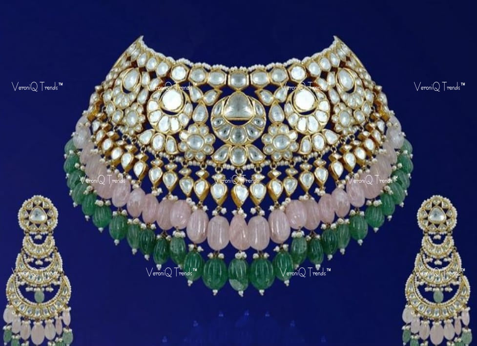 VeroniQ Trends-Elegant Bridal  Gold Plated Green Pumpkin Beads And Polki Pachi Kundan Choker Necklace With Pink Quartz Beads Pachi Kundan-Gold Plated-Wedding Jewellery-Punjabi Jewellery-South Indian-Thappa Jewellery