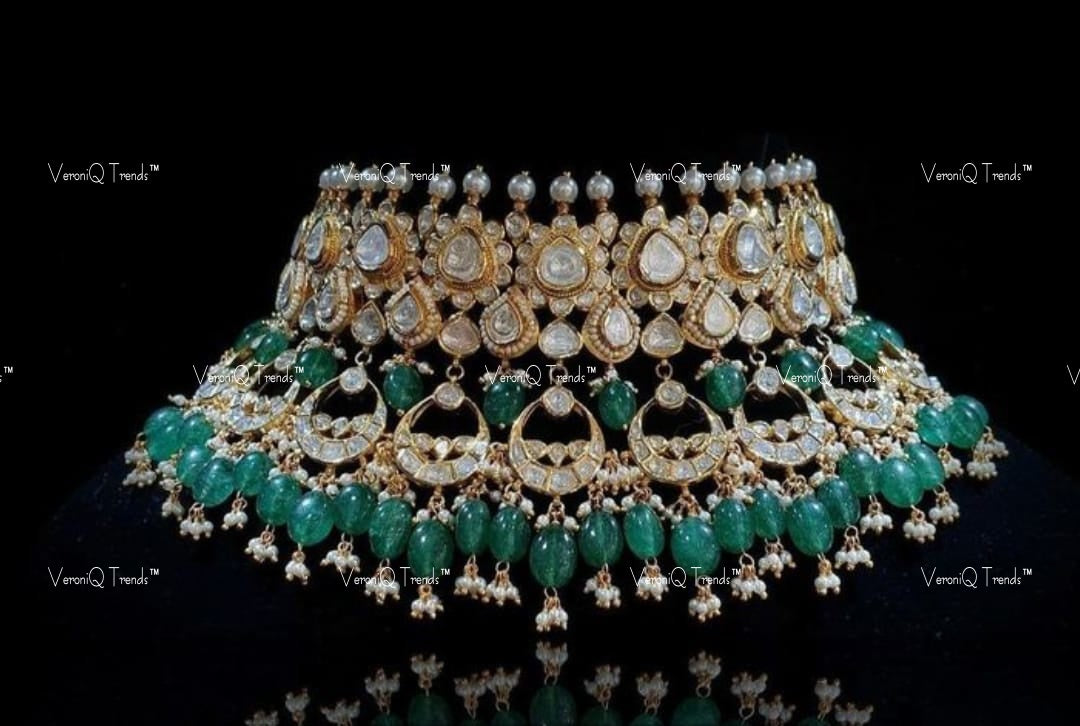VeroniQ Trends-Jodha Akbar Gold Plated Bridal Polki Pachi Kundan Choker Necklace With Green Quartz Beads Pachi Kundan-Gold Plated-Wedding Jewellery-Punjabi Jewellery-South Indian-Thappa Jewellery
