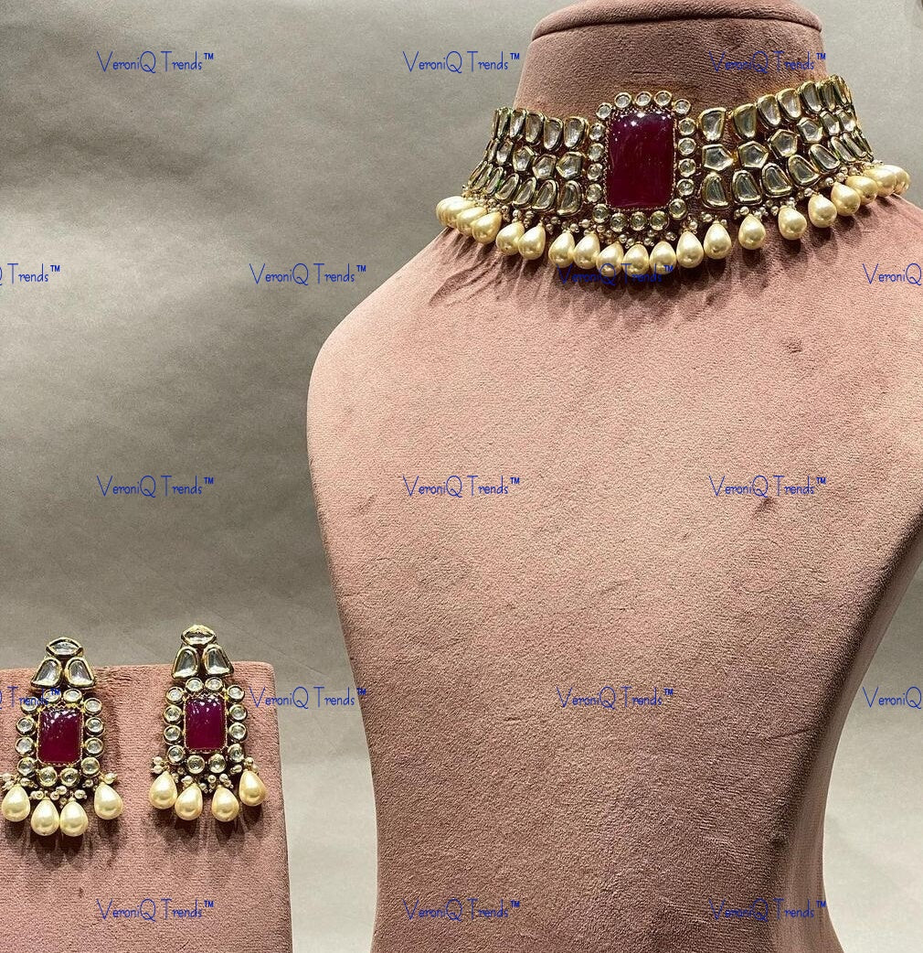 VeroniQ Trends-Traditional Bridal Gold Plated Kundan Pearl Choker Necklace Kundan-Gold Plated-Wedding Jewellery-Punjabi Jewellery-South Indian-Thappa Jewellery