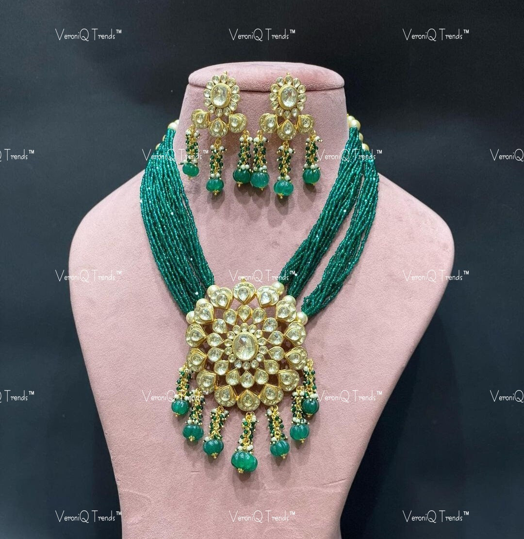 VeroniQ Trends-Traditional Gold Plated Green Multistrand Pachi Kundan Necklace Pachi Kundan-Gold Plated-Wedding Jewellery-Punjabi Jewellery-South Indian-Thappa Jewellery