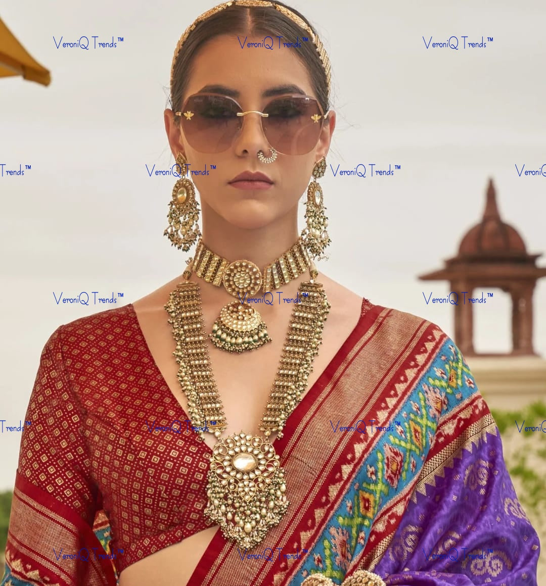 VeroniQ Trends-Bridal Gold Plated Pachi Kundan Choker And Long Necklace Pachi Kundan-Gold Plated-Wedding Jewellery-Punjabi Jewellery-South Indian-Thappa Jewellery