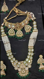 VeroniQ Trends-Traditional Bridal Gold Plated Multistrand Kundan Choker And Long Necklace WithEarrings And Maang Tika Kundan-Gold Plated-Wedding Jewelry-Punjabi Jewelry-South Indian-Thappa Jewelry