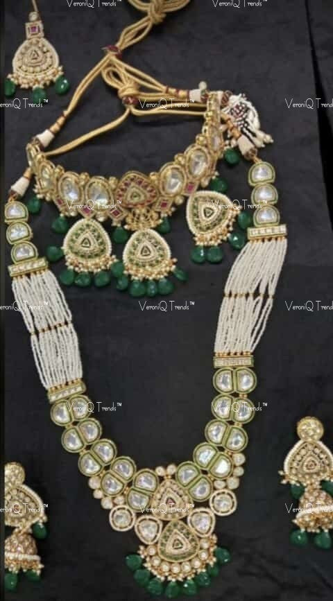 VeroniQ Trends-Traditional Bridal Gold Plated Multistrand Kundan Choker And Long Necklace WithEarrings And Maang Tika Kundan-Gold Plated-Wedding Jewellery-Punjabi Jewellery-South Indian-Thappa Jewellery