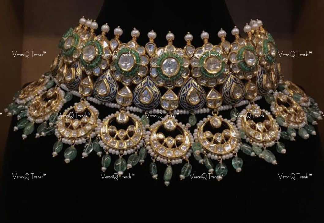 VeroniQ Trends-Bridal Gold Plated Polki Pachi Kundan Choker Necklace With Chanbali Drops Polki Pachi Kundan-Gold Plated-Wedding Jewellery-Punjabi Jewellery-South Indian-Thappa Jewellery