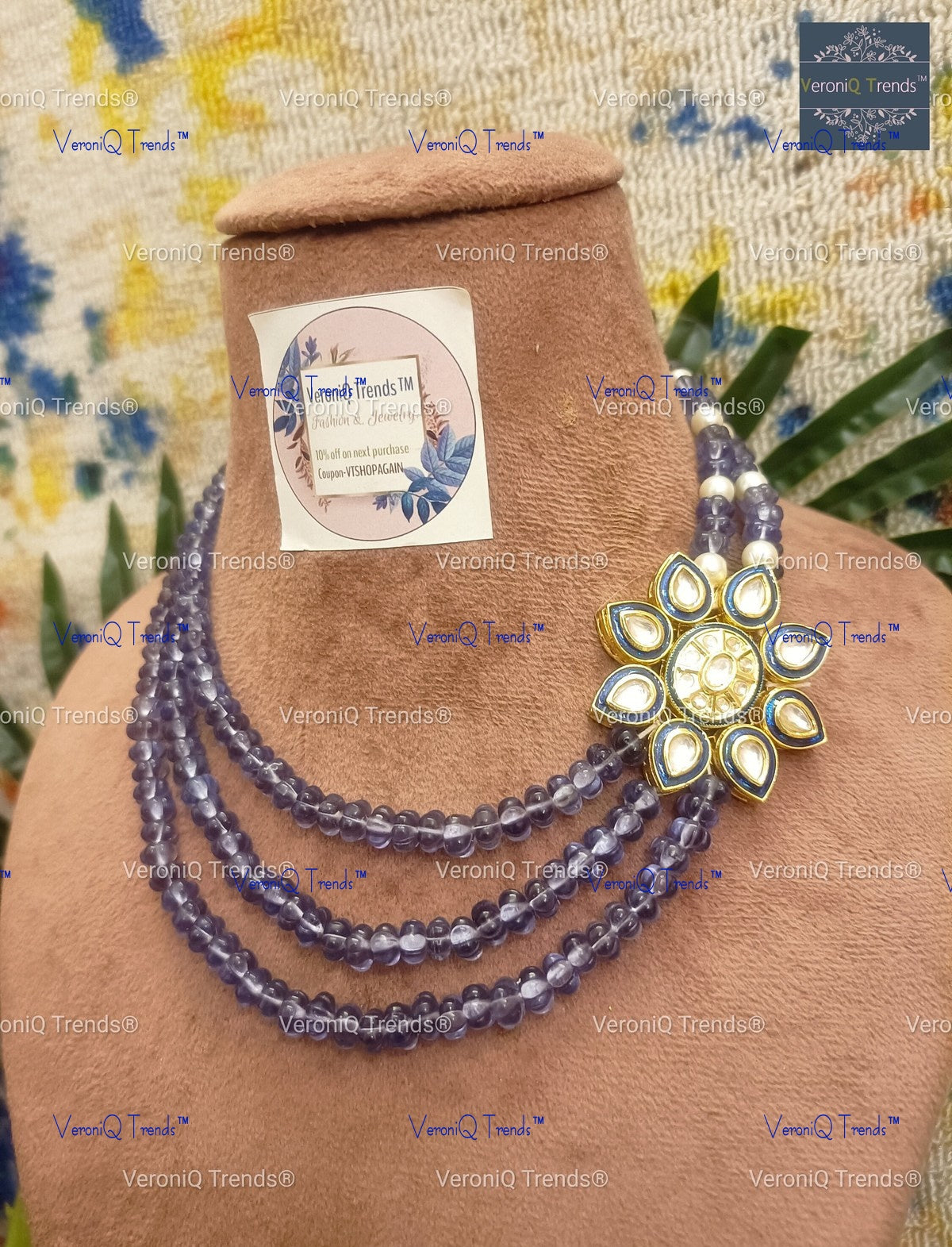 VeroniQ Trends-Traditional Gold Plated Multistrand Amethyst Beads Kundan Necklace With Kundan-Gold Plated-Wedding Jewellery-Punjabi Jewellery-South Indian-Thappa Jewellery