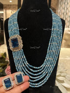 VeroniQ Trends-Traditional Multistrand Jaipuri Beaded Sapphire And Emerald Polki Silver Long Necklace 92.5 Silver Moissanite Diamond Polki-Gold Plated-Wedding Jewelry-Punjabi Jewelry-South Indian-Thappa Jewelry