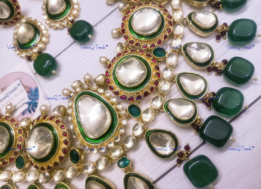 VeroniQ Trends-Traditional Bridal Gold Plated Green Meenakari Polki Necklace With Green Beads Polki-Gold Plated-Wedding Jewellery-Punjabi Jewellery-South Indian-Thappa Jewellery