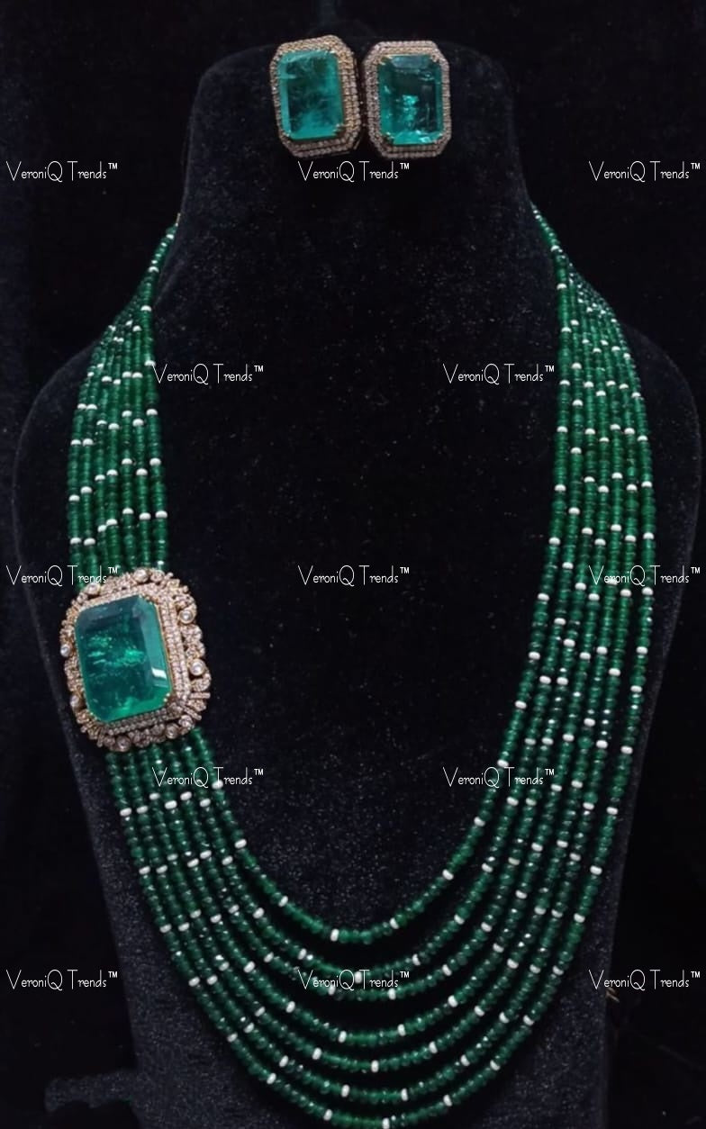 VeroniQ Trends-Traditional Multistrand Jaipuri Beaded Sapphire And Emerald Polki Silver Long Necklace 92.5 Silver Moissanite Diamond Polki-Gold Plated-Wedding Jewellery-Punjabi Jewellery-South Indian-Thappa Jewellery