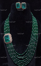 VeroniQ Trends-Traditional Multistrand Jaipuri Beaded Sapphire And Emerald Polki Silver Long Necklace 92.5 Silver Moissanite Diamond Polki-Gold Plated-Wedding Jewelry-Punjabi Jewelry-South Indian-Thappa Jewelry