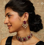 VeroniQ Trends-Cocktail Party Look Victorian Ruby And  Polki Silver Choker Necklace 92.5 Silver Moissanite Diamond Polki-Gold Plated-Wedding Jewelry-Punjabi Jewelry-South Indian-Thappa Jewelry