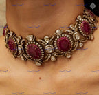 VeroniQ Trends-Cocktail Party Look Victorian Ruby And  Polki Silver Choker Necklace 92.5 Silver Moissanite Diamond Polki-Gold Plated-Wedding Jewelry-Punjabi Jewelry-South Indian-Thappa Jewelry