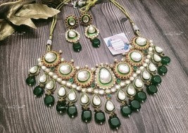 VeroniQ Trends-Traditional Bridal Gold Plated Green Meenakari Polki Necklace With Green Beads Polki-Gold Plated-Wedding Jewellery-Punjabi Jewellery-South Indian-Thappa Jewellery