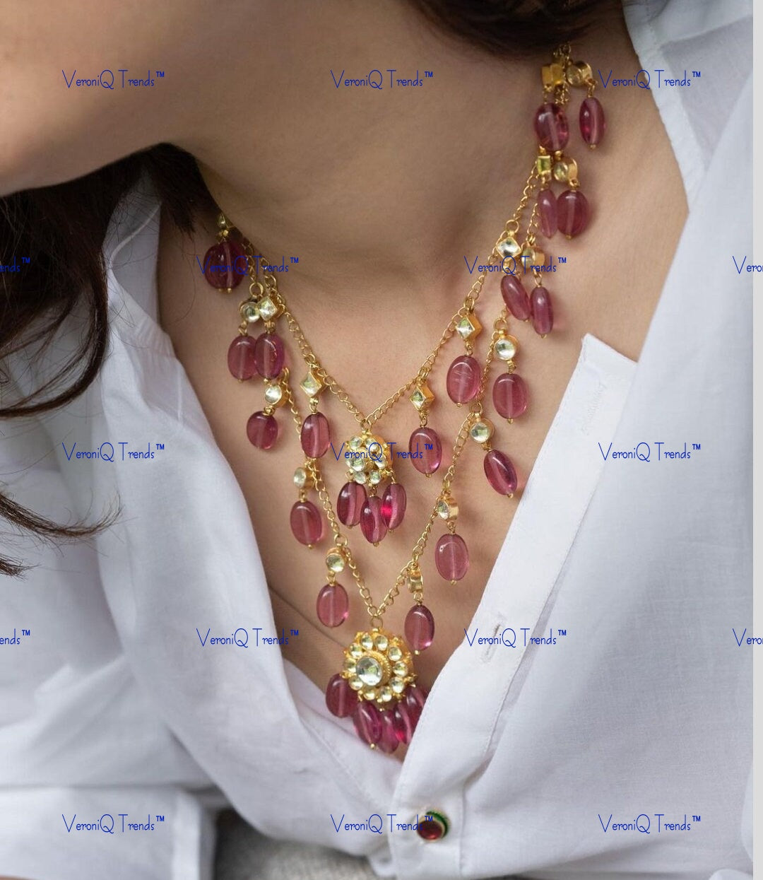VeroniQ Trends-Beautiful Double Layered Gold Plated Pachi Kundan Ruby Beads Necklace Pachi Kundan-Gold Plated-Wedding Jewellery-Punjabi Jewellery-South Indian-Thappa Jewellery