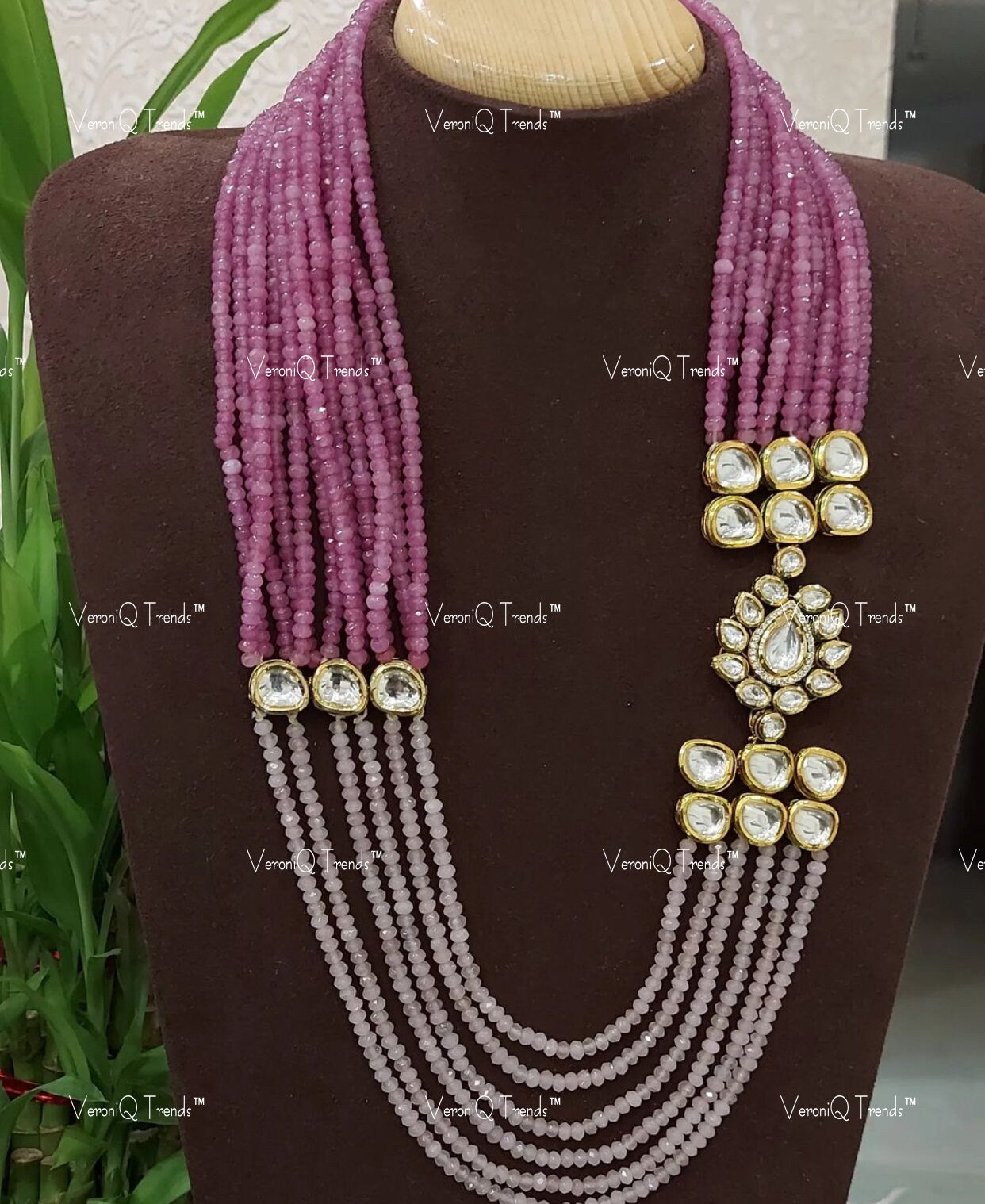 VeroniQ Trends-Beautiful Multilayer Gold Plated Kundan And Beads Long Necklace Kundan-Gold Plated-Wedding Jewellery-Punjabi Jewellery-South Indian-Thappa Jewellery