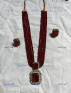 VeroniQ Trends-Traditional Multistrand Jaipuri Beaded Sapphire And Emerald Polki Silver Long Necklace 92.5 Silver Moissanite Diamond Polki-Gold Plated-Wedding Jewelry-Punjabi Jewelry-South Indian-Thappa Jewelry