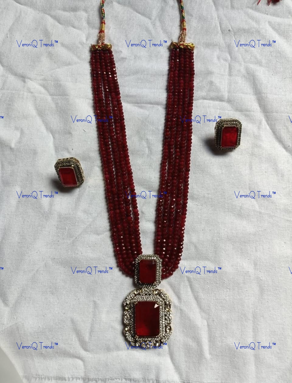 VeroniQ Trends-Traditional Multistrand Jaipuri Beaded Sapphire And Emerald Polki Silver Long Necklace 92.5 Silver Moissanite Diamond Polki-Gold Plated-Wedding Jewellery-Punjabi Jewellery-South Indian-Thappa Jewellery