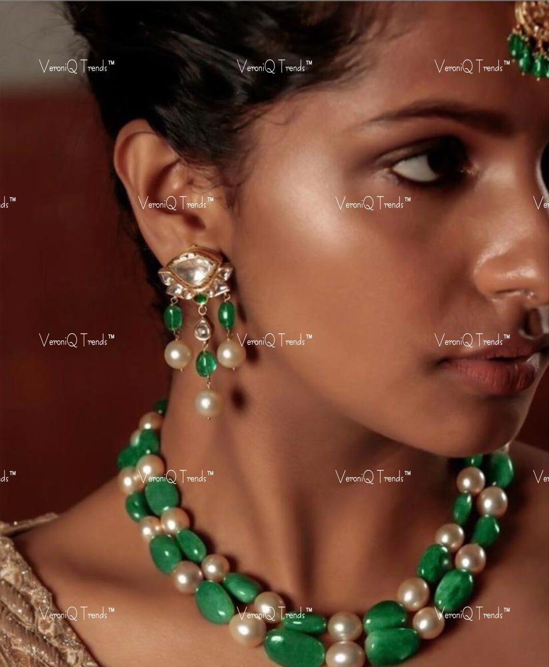 VeroniQ Trends-Multistrand Green Quartz Beads Pachi Kundan Necklace Pachi Kundan-Gold Plated-Wedding Jewellery-Punjabi Jewellery-South Indian-Thappa Jewellery