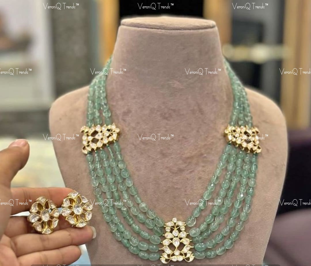 VeroniQ Trends-Royal Gold Plated Beryl Beaded Pachi Kundan Long Necklace Pachi Kundan-Gold Plated-Wedding Jewellery-Punjabi Jewellery-South Indian-Thappa Jewellery