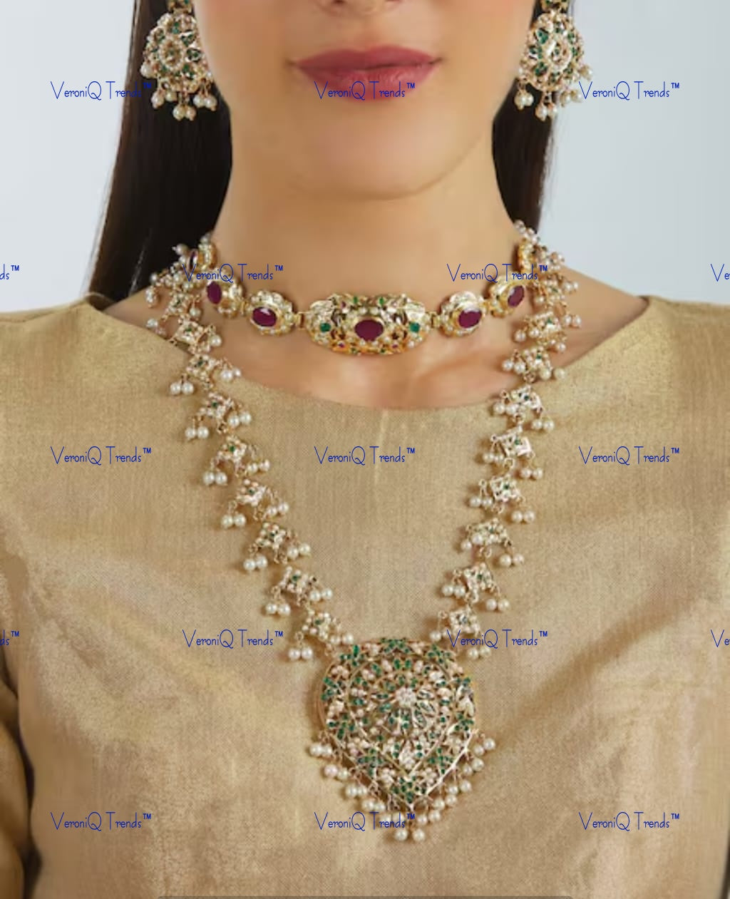 VeroniQ Trends-Traditional Gold Plated Jadau Kundan Choker And Long Necklace Jadau-Gold Plated-Wedding Jewellery-Punjabi Jewellery-South Indian-Thappa Jewellery
