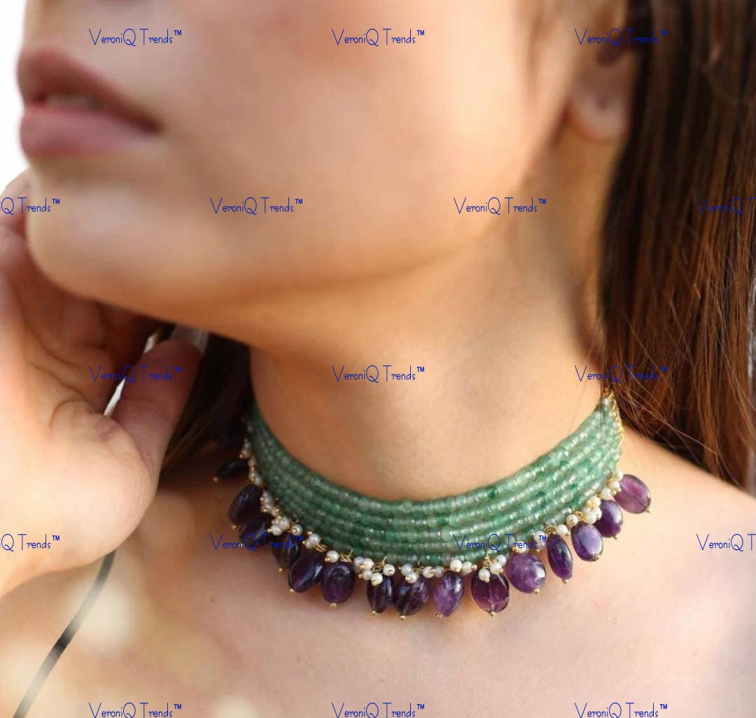 VeroniQ Trends-Beautiful Multilayer Kundan Choker Necklace in Onyx And Amethyst Beads Kundan-Gold Plated-Wedding Jewellery-Punjabi Jewellery-South Indian-Thappa Jewellery