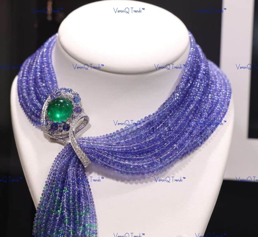 VeroniQ Trends-Party Look Victorian Multistrand Sapphire Beads Polki Silver CZ Necklace Silver CZ-Gold Plated-Wedding Jewellery-Punjabi Jewellery-South Indian-Thappa Jewellery