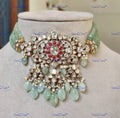 VeroniQ Trends-Victorian Multistrand Beryl Beaded Ruby And Polki Silver Choker Necklace With Quartz Beads Drop 92.5 Silver Moissanite Diamond Polki-Gold Plated-Wedding Jewellery-Punjabi Jewellery-South Indian-Thappa Jewellery