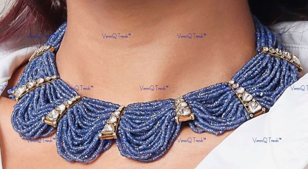 VeroniQ Trends-Designer Multistrand Sapphire Beaded Polki Pachi Kundan Choker Necklace Pachi Kundan Polki-Gold Plated-Wedding Jewellery-Punjabi Jewellery-South Indian-Thappa Jewellery