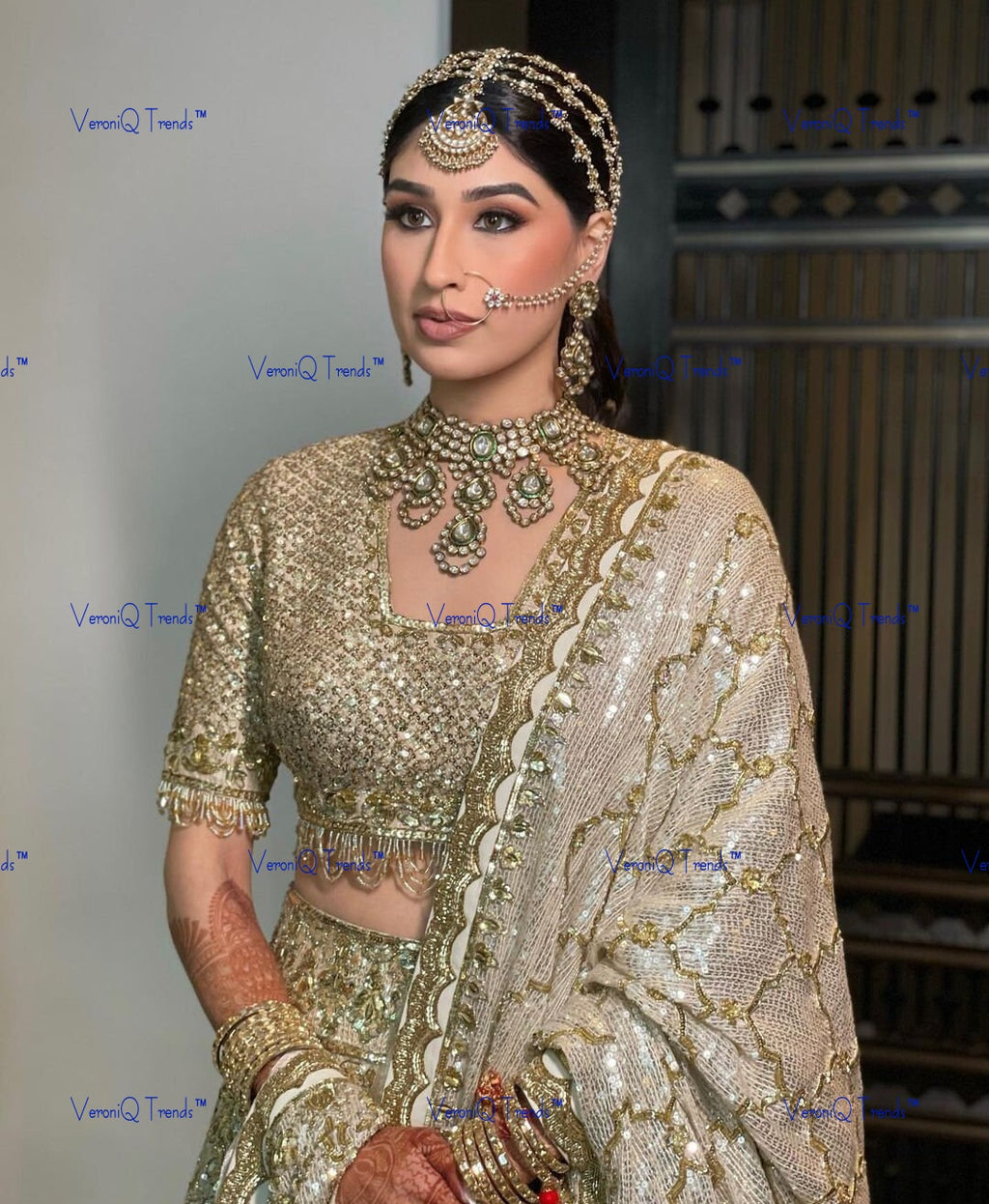 VeroniQ Trends-Elegant Bridal Back Meenakari Kundan Choker Necklace With Earrings Maang Tika Matha Patti And Nath Kundan-Gold Plated-Wedding Jewellery-Punjabi Jewellery-South Indian-Thappa Jewellery