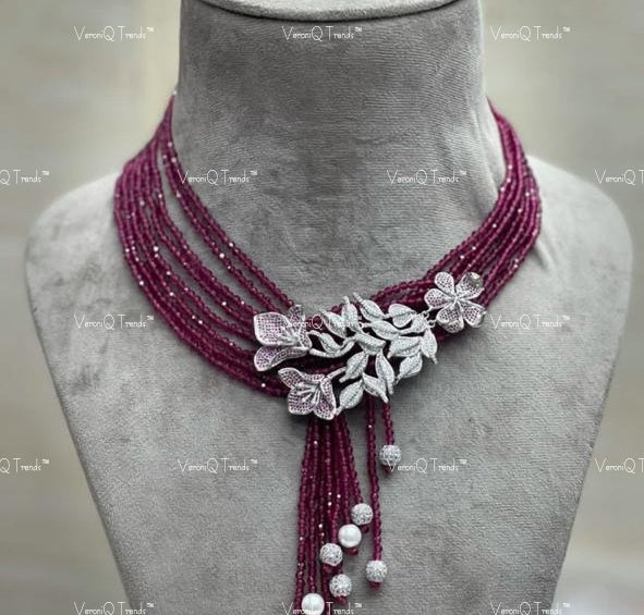 VeroniQ Trends-Desginer Multistrand Beaded American Diamond Silver CZ Necklace Silver CZ-Gold Plated-Wedding Jewellery-Punjabi Jewellery-South Indian-Thappa Jewellery