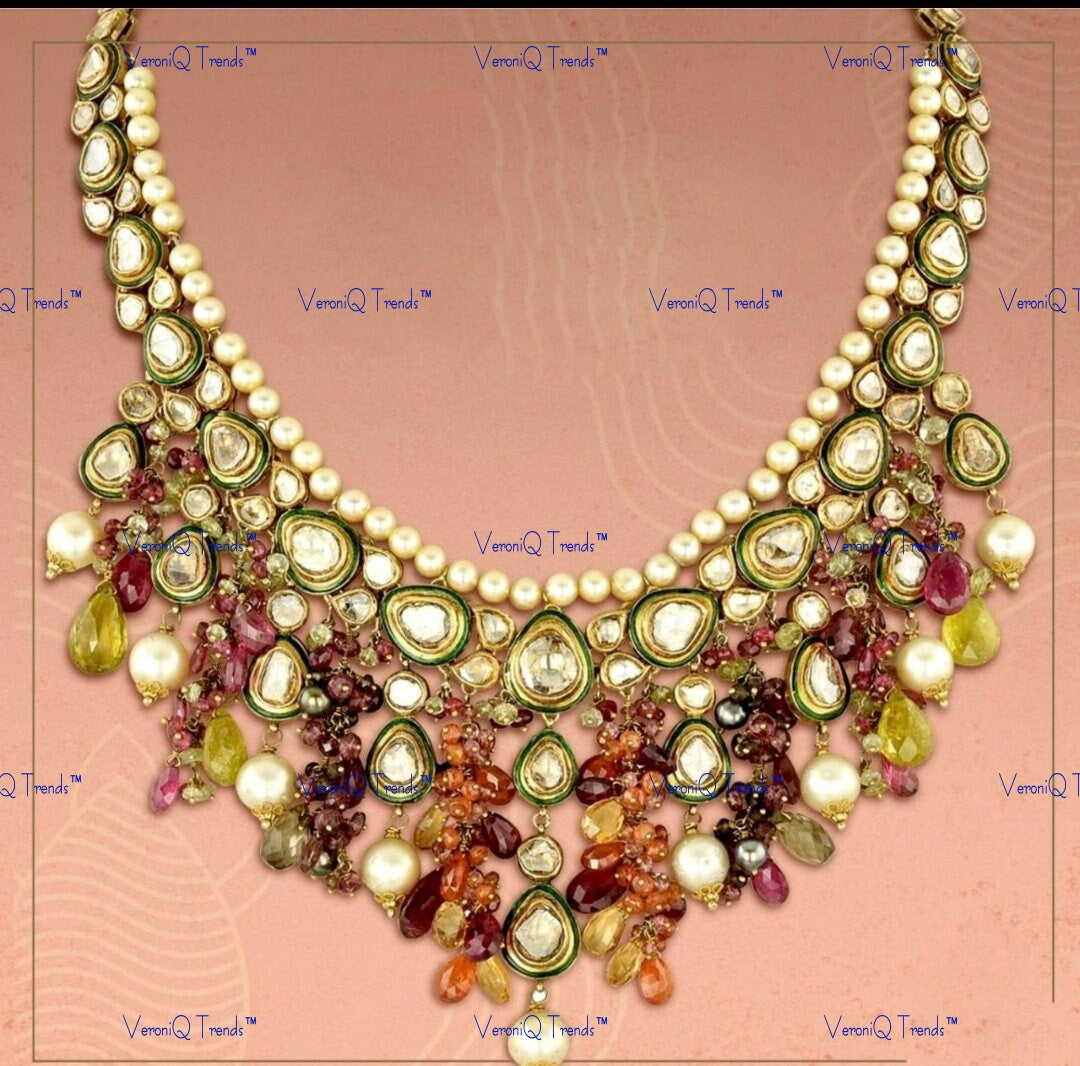 VeroniQ Trends-Elegant Tourmaline Beads Meenakari Kundan Necklace Kundan-Gold Plated-Wedding Jewellery-Punjabi Jewellery-South Indian-Thappa Jewellery