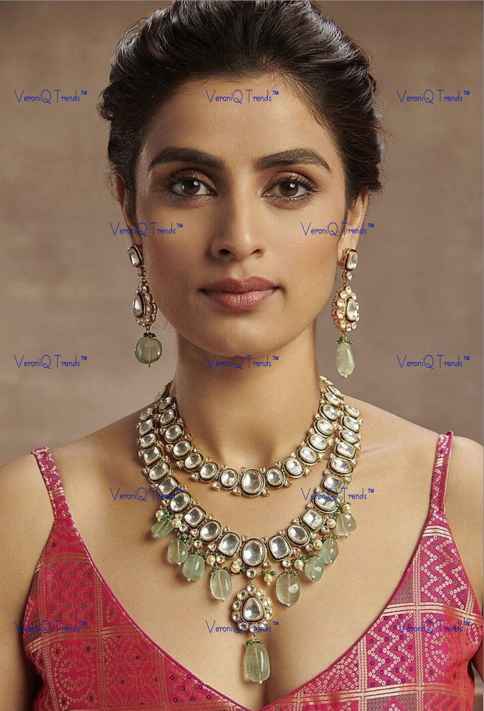 VeroniQ Trends-Beautiful Bridal Gold Plated Polki Necklace With Fluorite Beads Polki-Gold Plated-Wedding Jewellery-Punjabi Jewellery-South Indian-Thappa Jewellery
