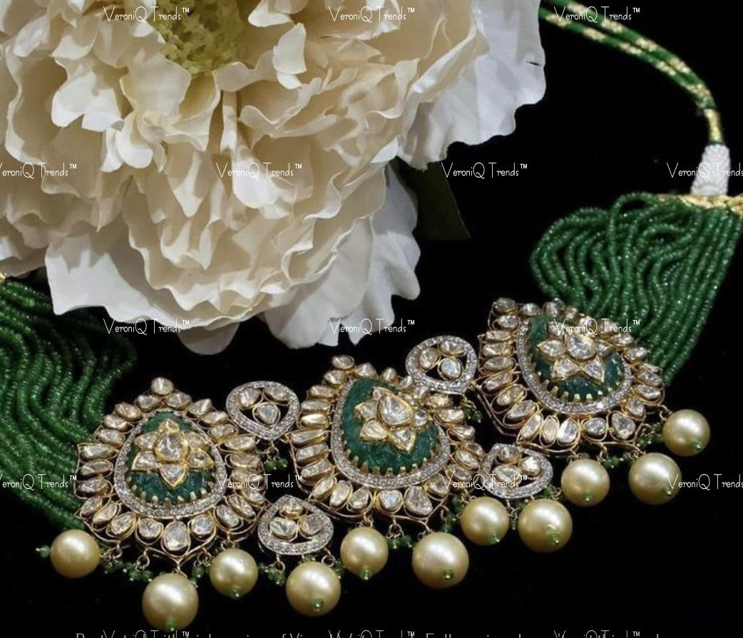 VeroniQ Trends-Victorian Multistrand Pearl Emerald Carved Stone And Polki Silver Choker Necklace 92.5 Silver Moissanite Diamond Polki-Emerald Stone-Gold Plated-Wedding Jewellery-Punjabi Jewellery-South Indian-Thappa Jewellery