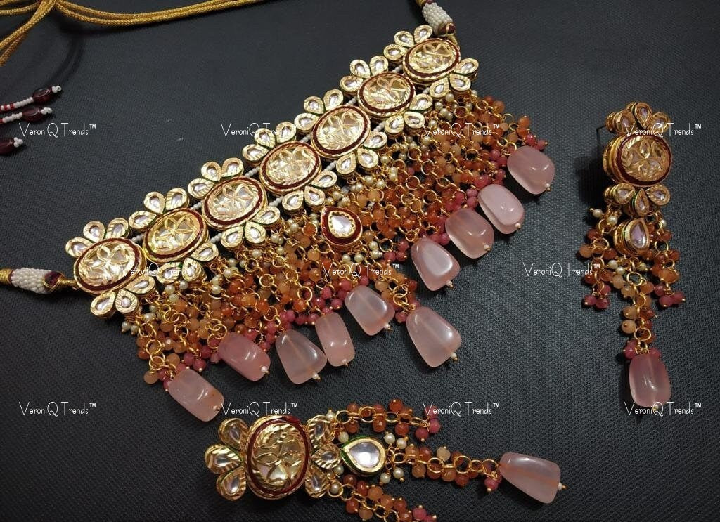 VeroniQ Trends-Beautiful Gold Plated Fluorite Beads And Meenakari Kundan Choker Necklace Kundan-Gold Plated-Wedding Jewellery-Punjabi Jewellery-South Indian-Thappa Jewellery
