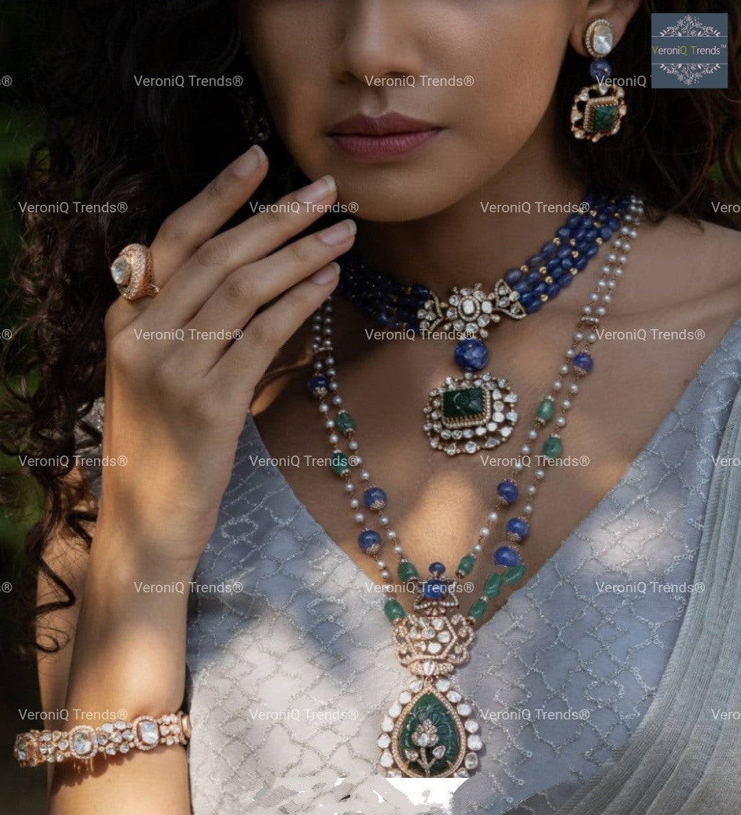 VeroniQ Trends-Victorian Multistrand Amethyst Beaded Emerald Carved Stone And Polki Silver Choker And Long Necklace 92.5 Silver Moissanite Diamond Polki-Emerald Stone-Gold Plated-Wedding Jewellery-Punjabi Jewellery-South Indian-Thappa Jewellery
