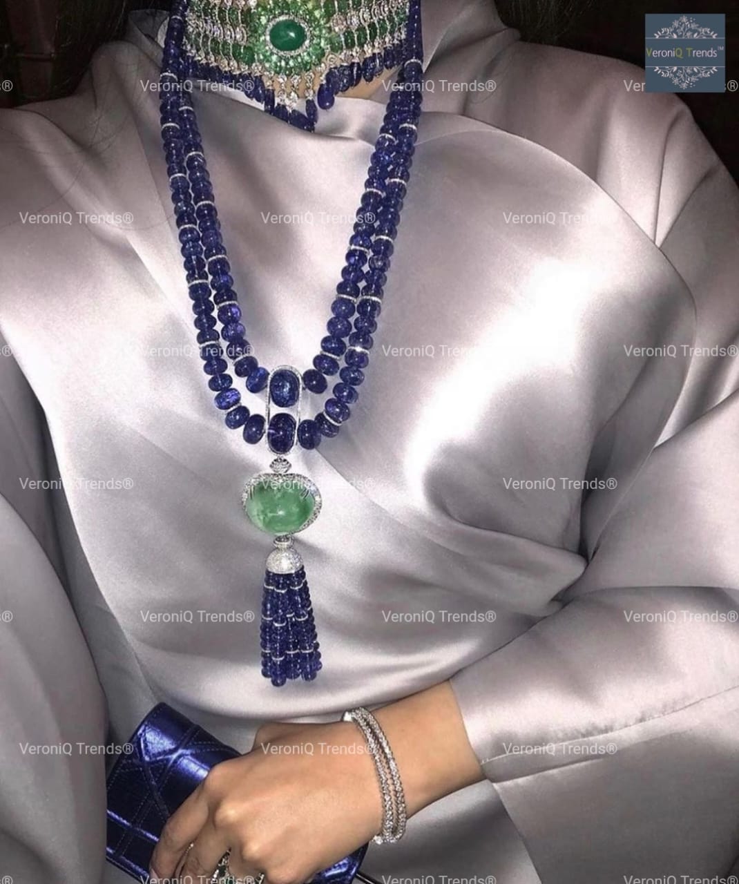 VeroniQ Trends-Victorian Contemporary Design Saphhire Beaded Emerald And Polki Silver Long Necklace 92.5 Silver Moissanite Diamond Polki-Emerald Stone-Gold Plated-Wedding Jewellery-Punjabi Jewellery-South Indian-Thappa Jewellery