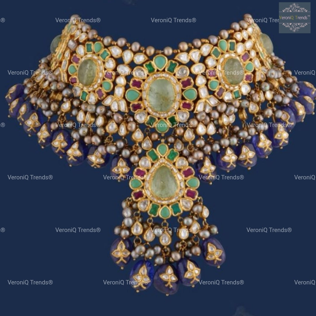 VeroniQ Trends-Victorian Bridal Ruby Emerald And  Silver Kundan Choker Necklace Silver Kundan-Emerald Stone-Ruby Stone-Gold Plated-Wedding Jewellery-Punjabi Jewellery-South Indian-Thappa Jewellery