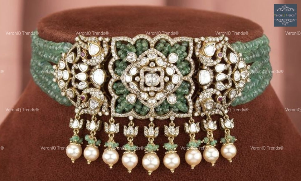 VeroniQ Trends-Victorian Multistrand Beryl Peacock Motif Polki Silver Choker Necklace 92.5 Silver Moissanite Diamond Polki-Gold Plated-Wedding Jewellery-Punjabi Jewellery-South Indian-Thappa Jewellery
